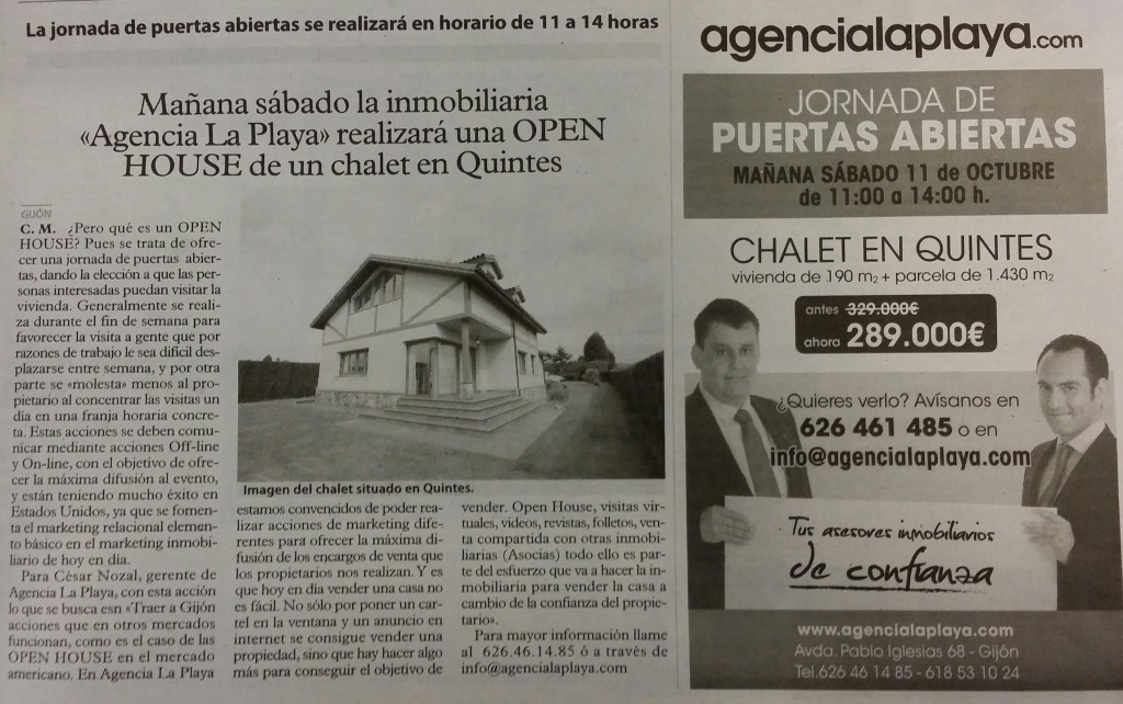 anuncio de open house de Agencia La Playa en Quintes en Gijón